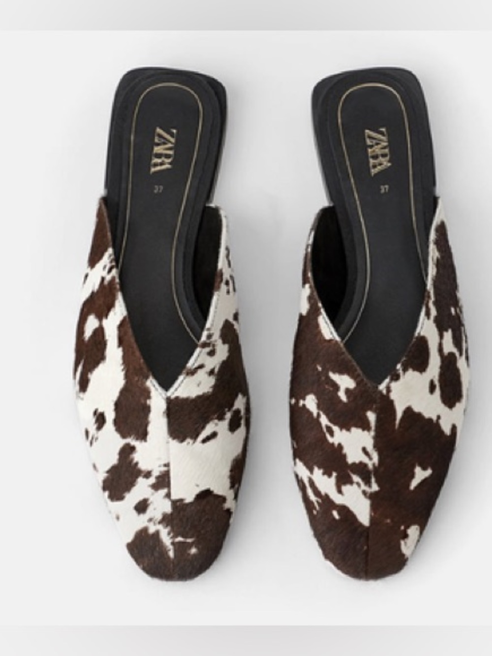 ZARA Brown and White Cowprint Pointed Mules Size 37